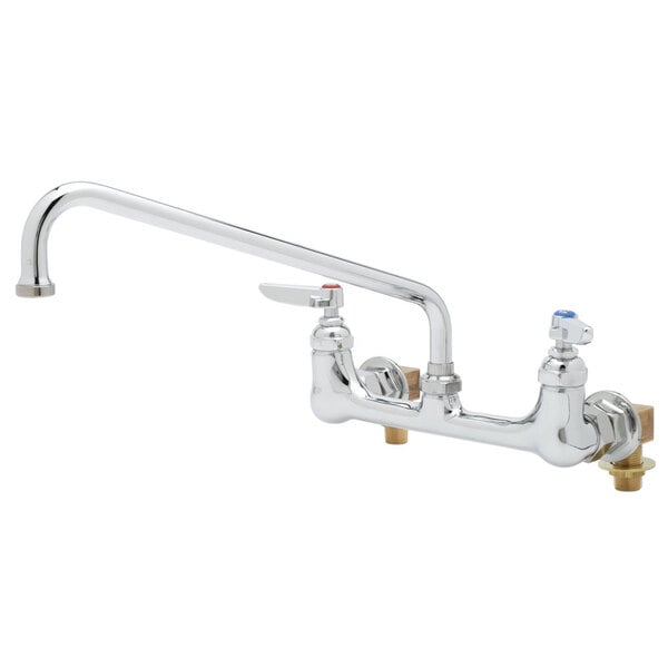 A T&S chrome wall mount faucet with two handles.