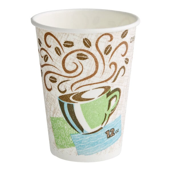 A Dixie paper hot cup with a coffee design on it.