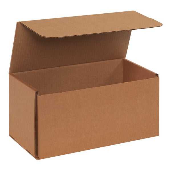 A brown Lavex corrugated mailer box with an open lid.