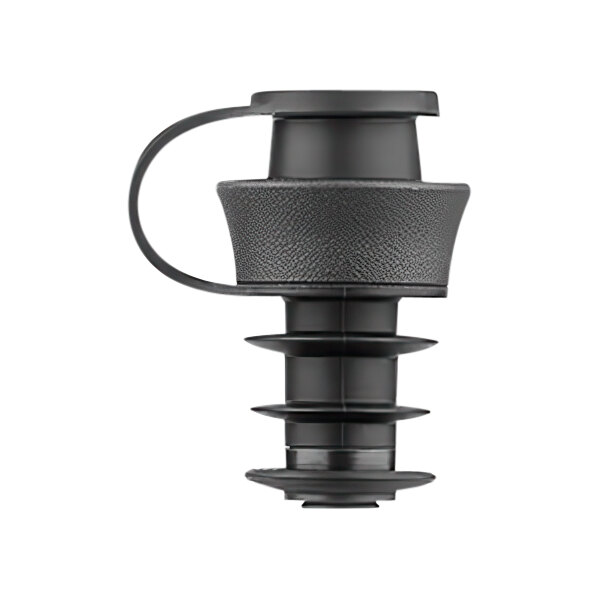 A black Coravin Pivot wine stopper with a textured grip and multiple sealing rings.