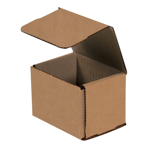 A brown Lavex corrugated mailer box with an open lid.