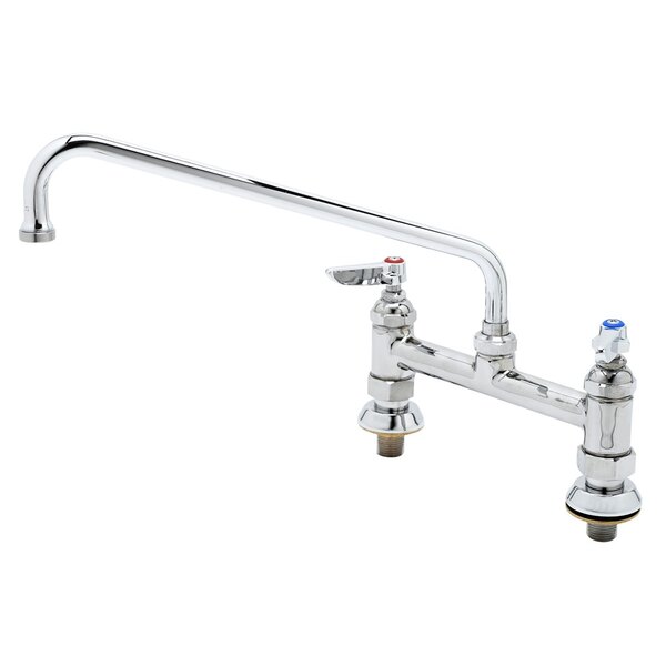 A chrome T&S deck-mounted pantry faucet with two levers.