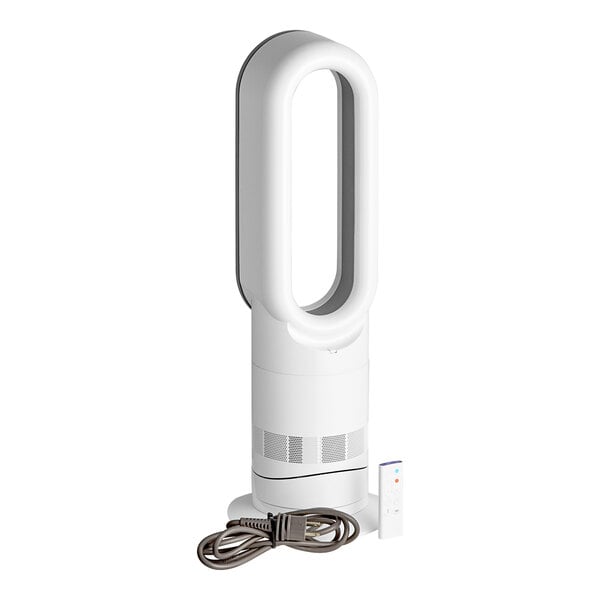 A black and nickel Dyson Hot+Cool fan and heater with a hole in the base and a cord.