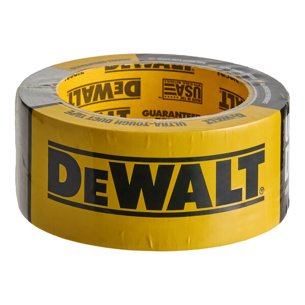 A roll of DeWalt branded black and yellow ultra-tough duct tape.