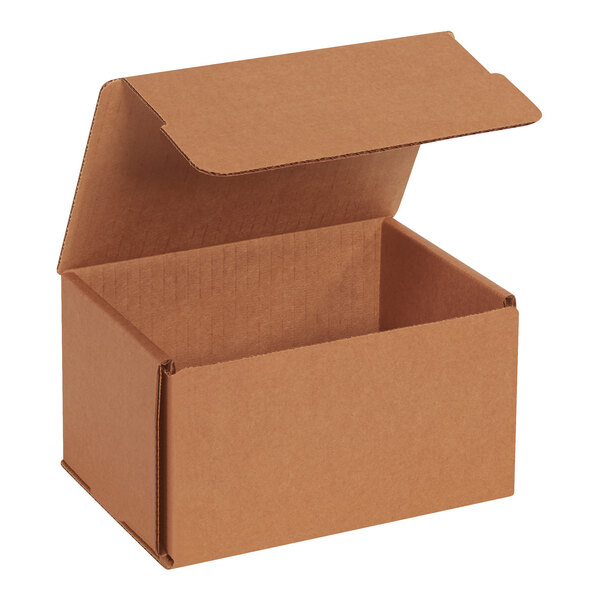A Lavex Kraft Tuck Top corrugated mailer box with an open lid.