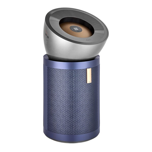 A blue and silver Dyson Purifier with a silver lid.