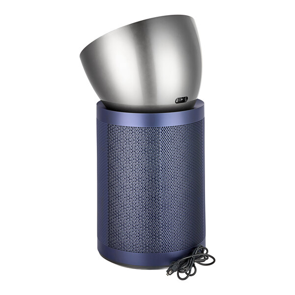A nickel and Prussian blue Dyson air purifier with a silver bowl on top.