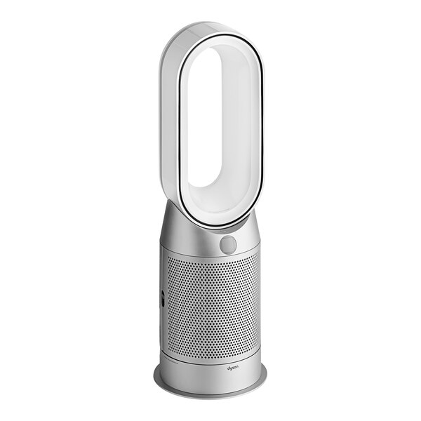 A white and silver Dyson Purifier Hot+Cool fan.