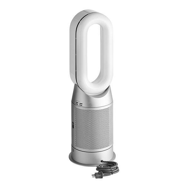 A white and silver Dyson air purifier and fan with a cord.