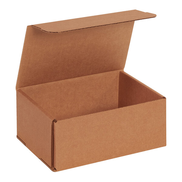 A brown Kraft corrugated mailer box with an open lid.