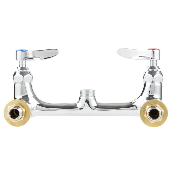 A T&S chrome wall mounted pantry faucet base with two handles.