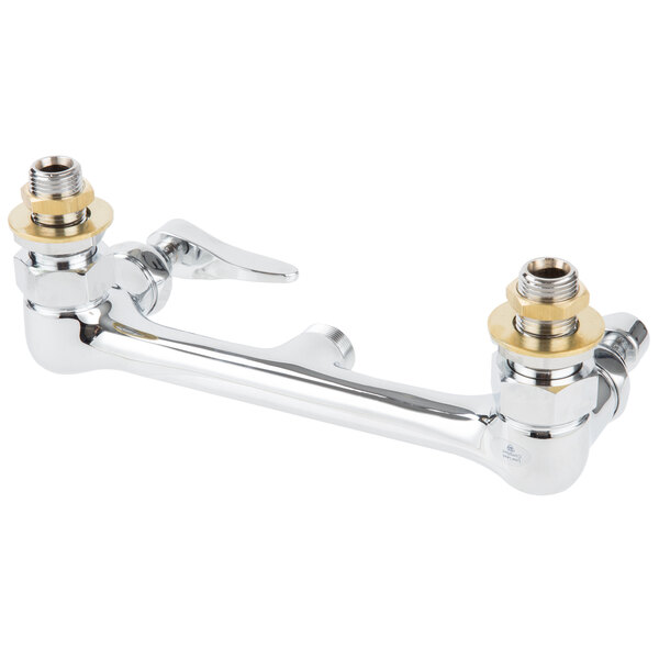 A chrome plated T&S wall mounted pantry faucet base with swivel outlet and CC connections, with two brass handles.