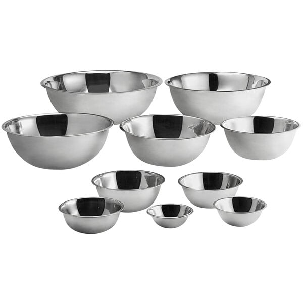 A set of ten stainless steel mixing bowls in various sizes.