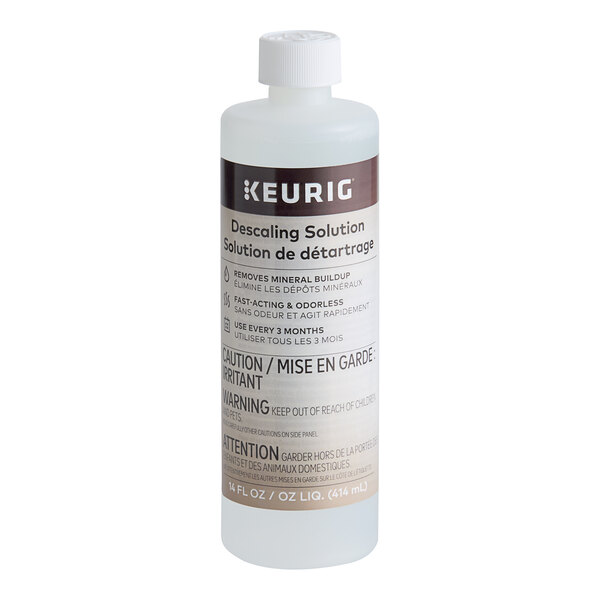 A bottle of Keurig descaling solution.