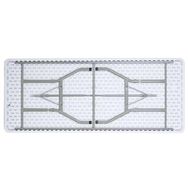 A Lancaster Table & Seating white plastic folding table with metal legs.