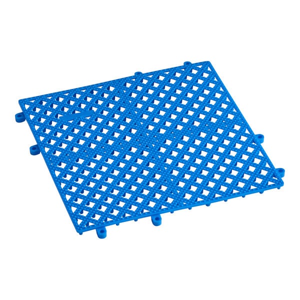 A blue 12-inch by 12-inch interlocking bar mat with a grid pattern.