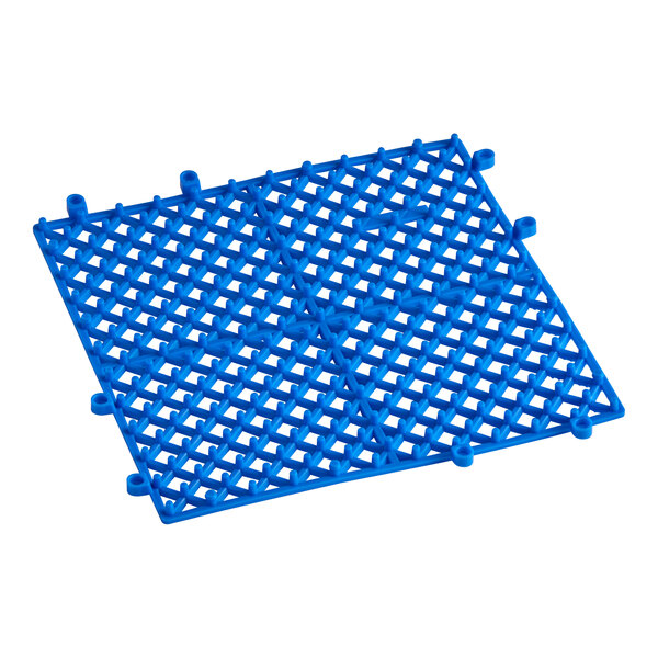 A blue 12-inch by 12-inch interlocking bar mat with a grid pattern.