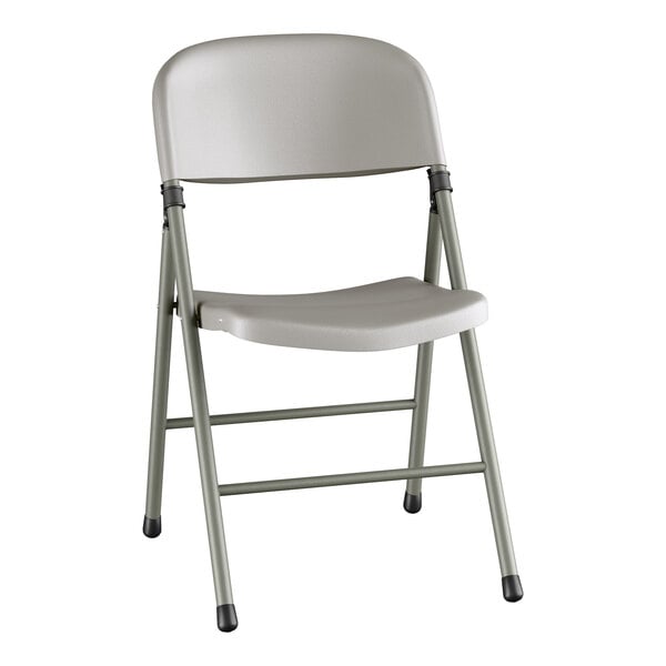 A gray contoured injection-molded folding chair with a charcoal frame and gray legs.