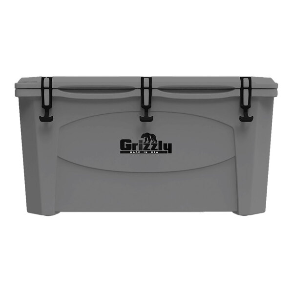 A gray Grizzly Cooler outdoor merchandiser with black handles and the lid open.