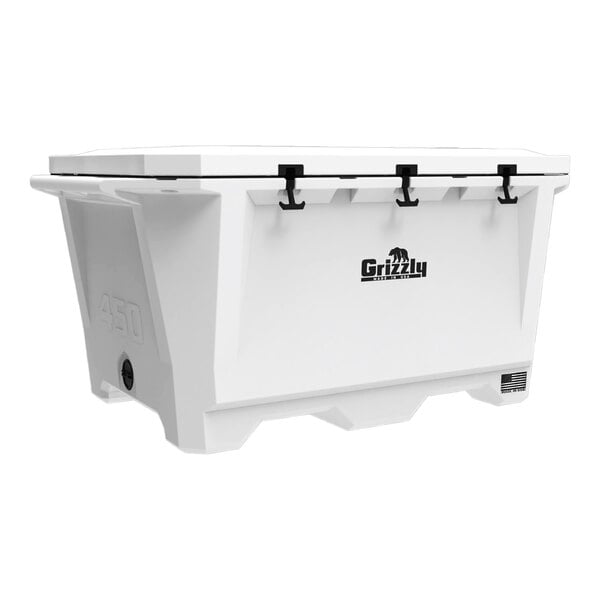 A white Grizzly Cooler with black handles.