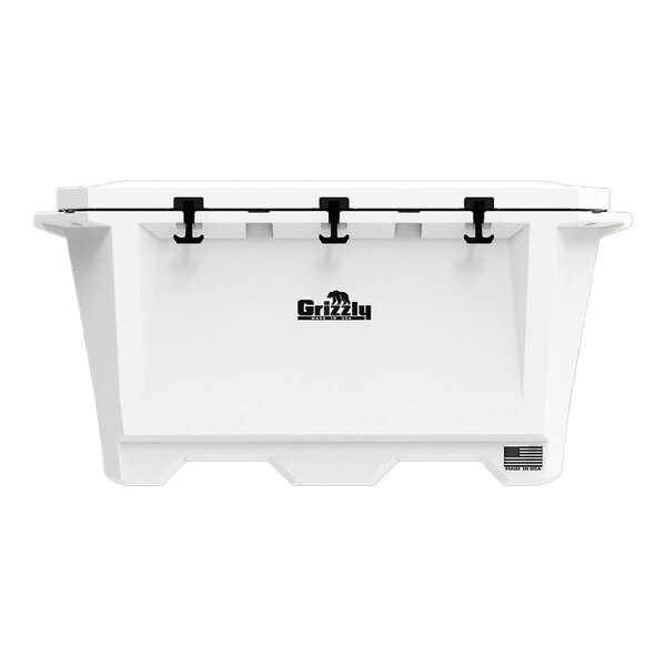 A white cooler with black handles.