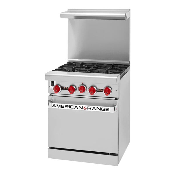 An American Range commercial gas range with green flames and red knobs.