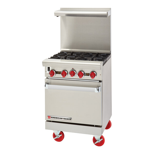 A stainless steel 4-burner natural gas range with a space-saver oven and red control knobs, mounted on red caster wheels.