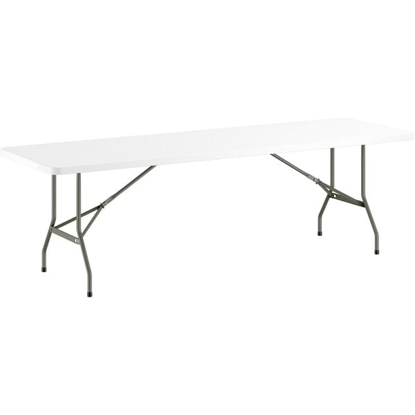 A white rectangular Lancaster Table & Seating folding table with metal legs.