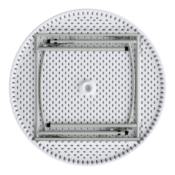 A round, heavy-duty granite white plastic folding table with gray legs.