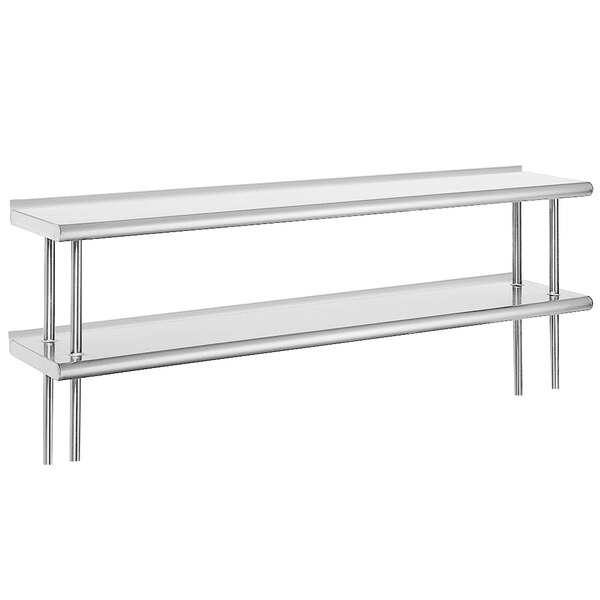 A stainless steel Advance Tabco rear mounted double deck shelving unit on a table.