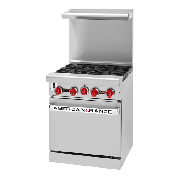 An American Range commercial liquid propane 4-burner range with green flames and red knobs.
