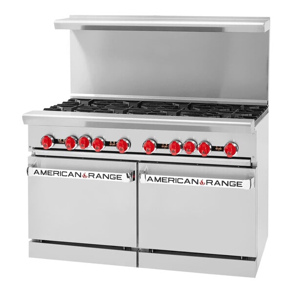 An American Range stainless steel commercial gas range with red knobs.