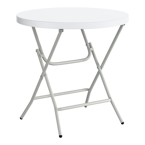 A round, white plastic folding table with gray metal legs.
