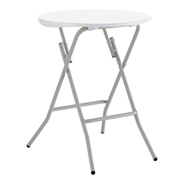 A round, white, heavy-duty plastic folding table with gray metal legs.