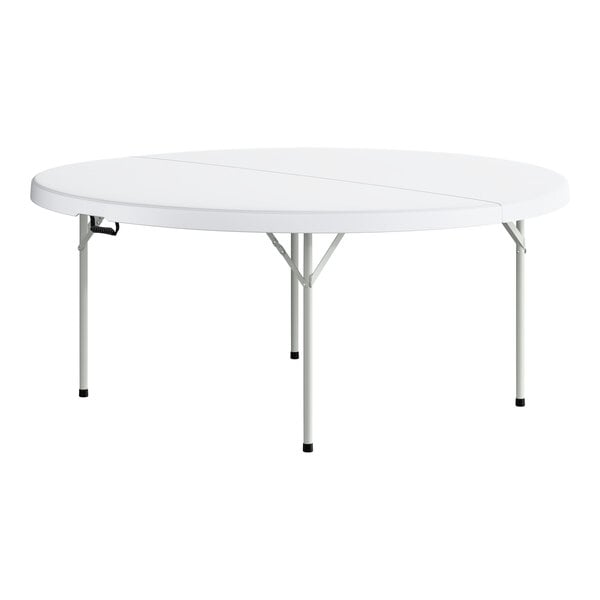 A round, white plastic bi-folding table with gray metal legs.
