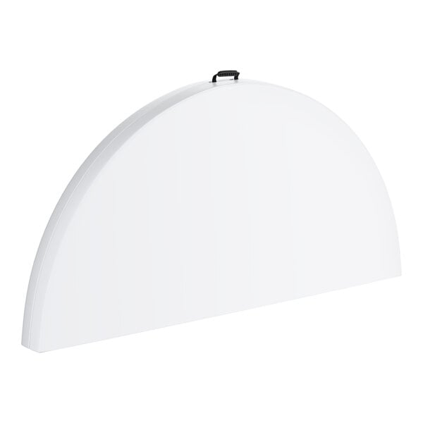 A large, white, semi-circular bi-folding plastic table with a carrying handle on top.