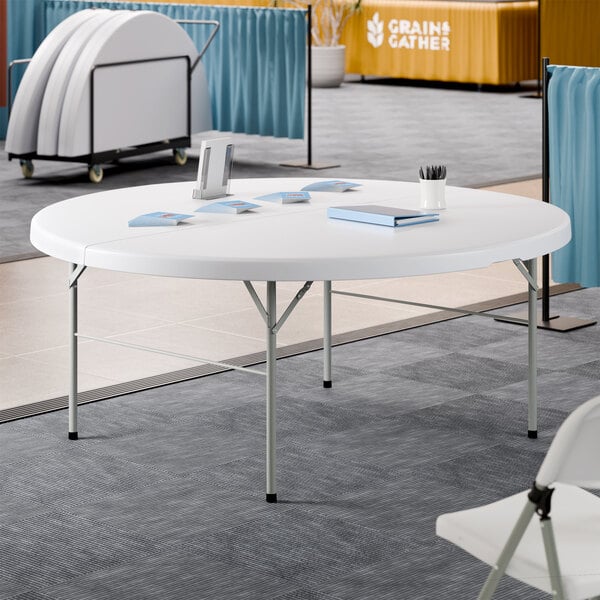 Lancaster Table & Seating 72" Round Granite White Plastic Bi-Folding Table with Gray Legs