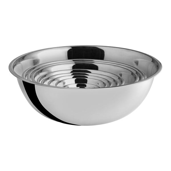A set of ten heavy weight stainless steel mixing bowls nested together.