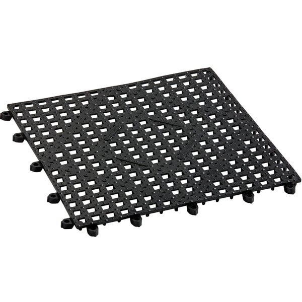 A black plastic interlocking bar mat with holes.
