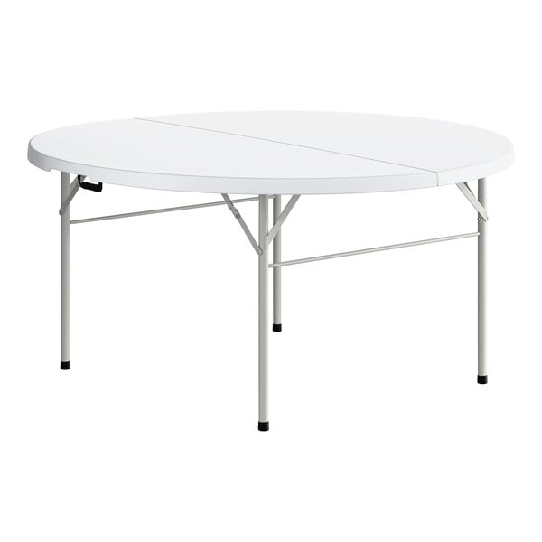 A round, white plastic bi-folding table with gray metal legs.