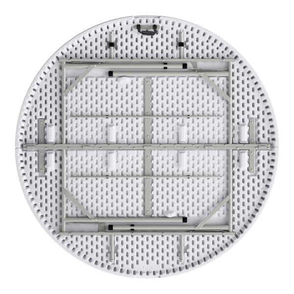 A round, white plastic bi-folding table with a granite finish and gray metal legs, shown from the underside.