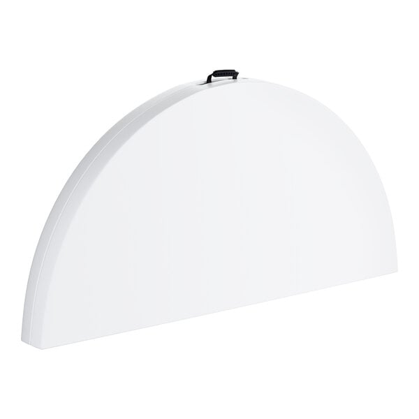A white, semi-circular bi-folding plastic table with a carrying handle on top.