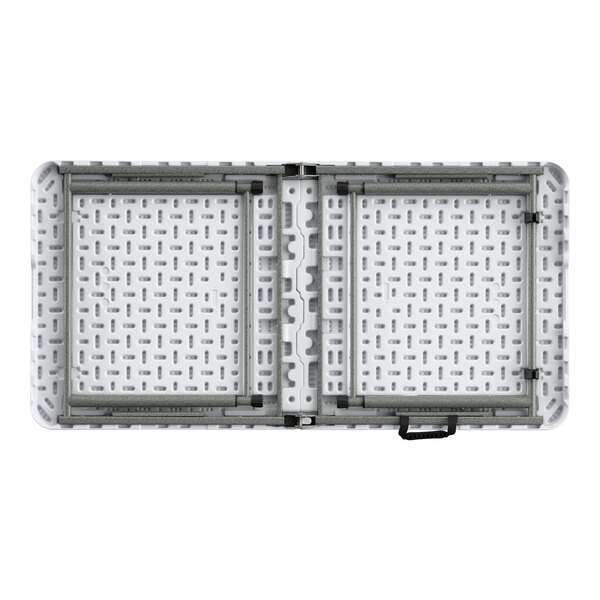 A white rectangular Lancaster Table & Seating plastic folding table with adjustable height.