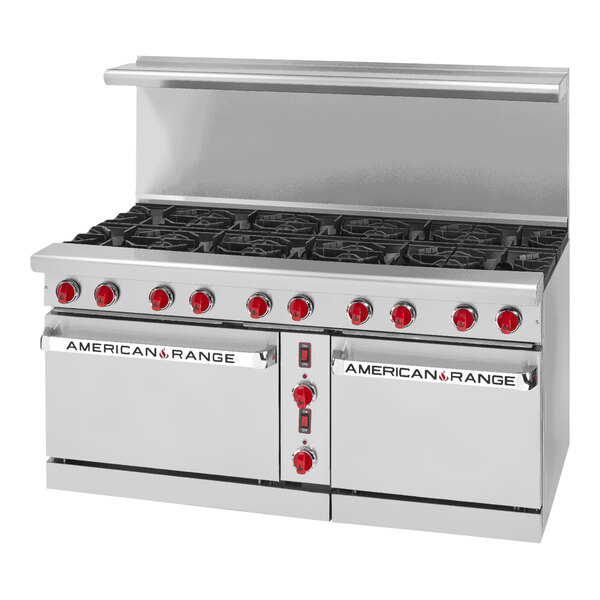 An American Range stainless steel 10-burner range with red knobs.