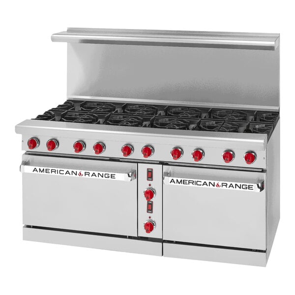 An American Range stainless steel 10-burner range with green flames.