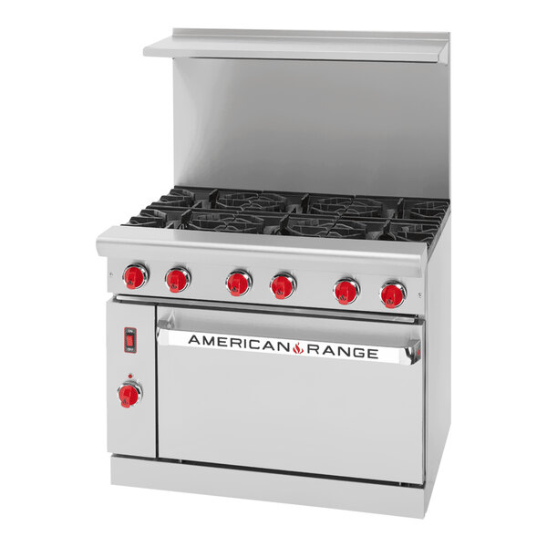 An American Range green and silver 6-burner gas range.