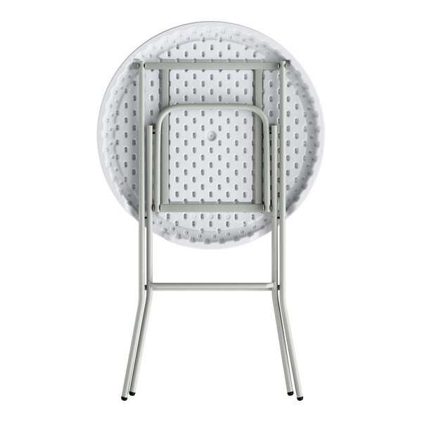 A round, granite white heavy-duty plastic folding table with gray metal legs, shown in a folded position.