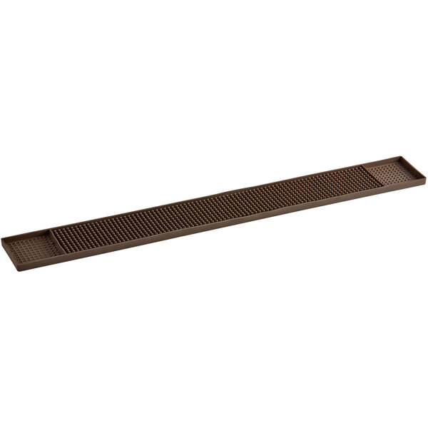 A long rectangular brown rubber bar mat with small holes.