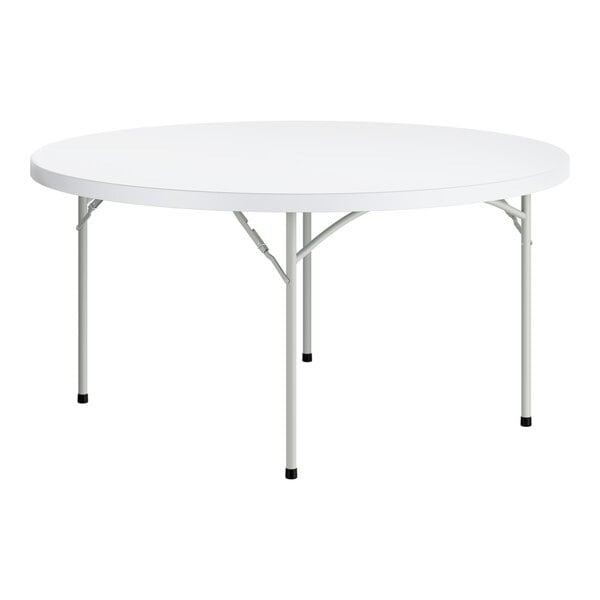A 60-inch round heavy-duty granite white plastic folding table with gray metal legs.