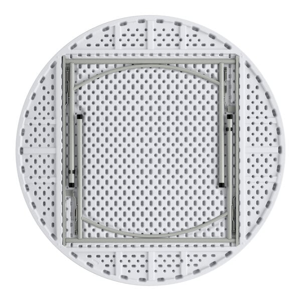 A round, heavy-duty granite white plastic folding table with gray legs.